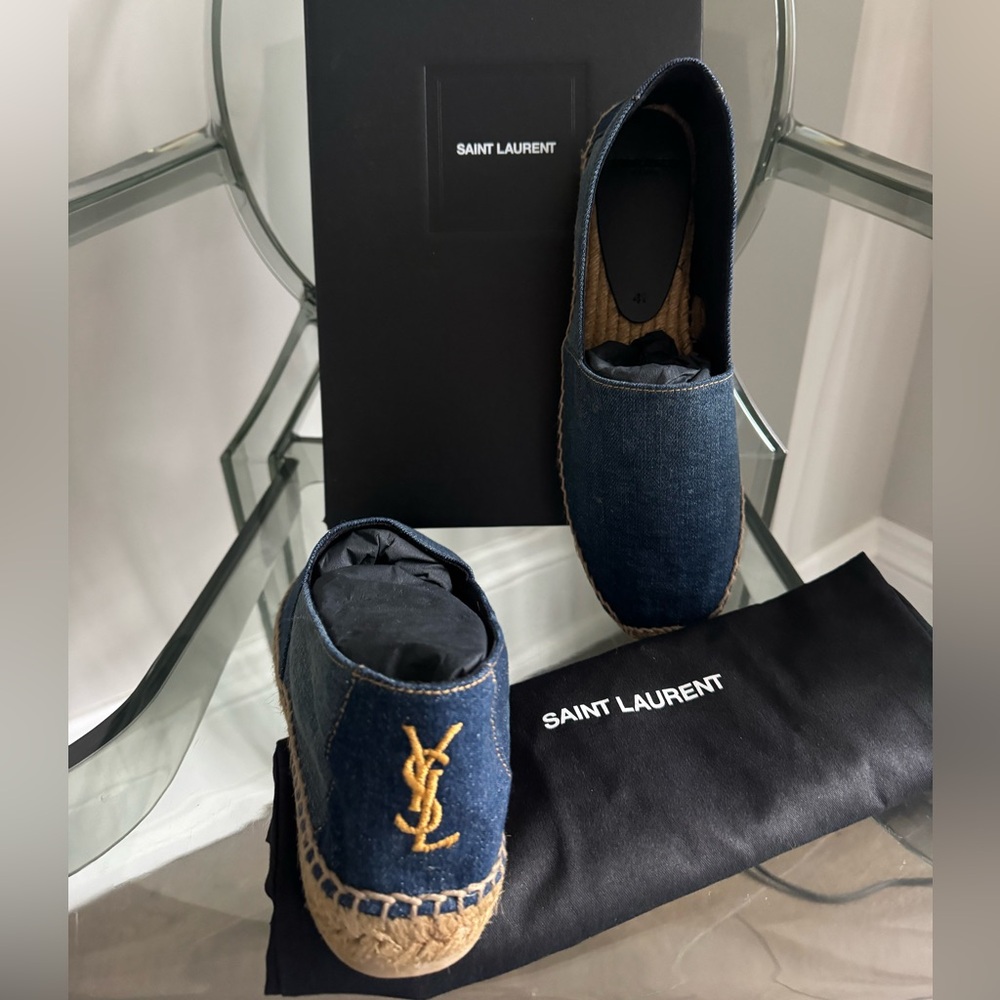 Brand New Saint Laurent Navy Denim Slip-On Espadrilles with Gold Logo